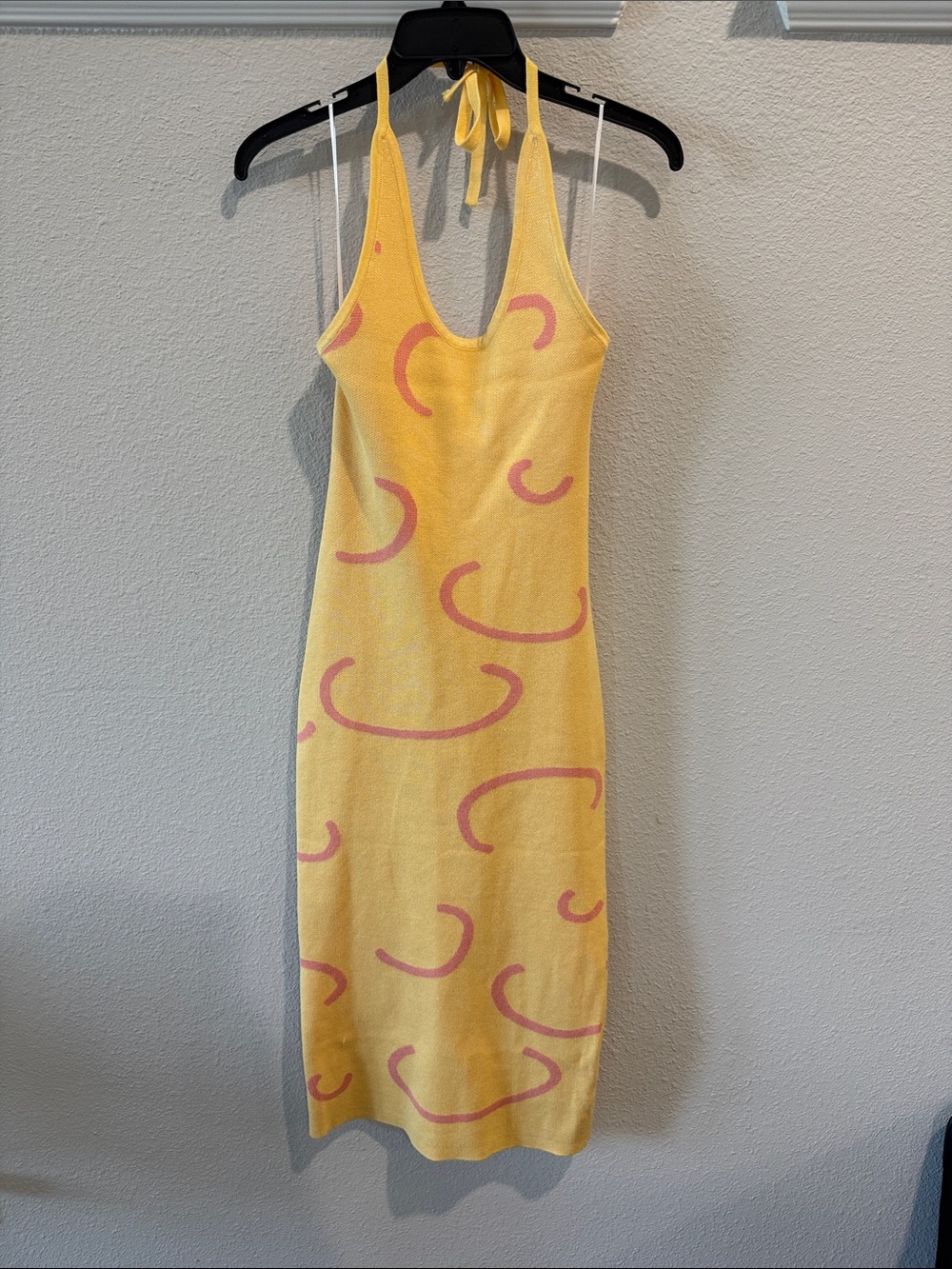 Verge Girl Yellow Halter Midi Dress with Pink Curved Print